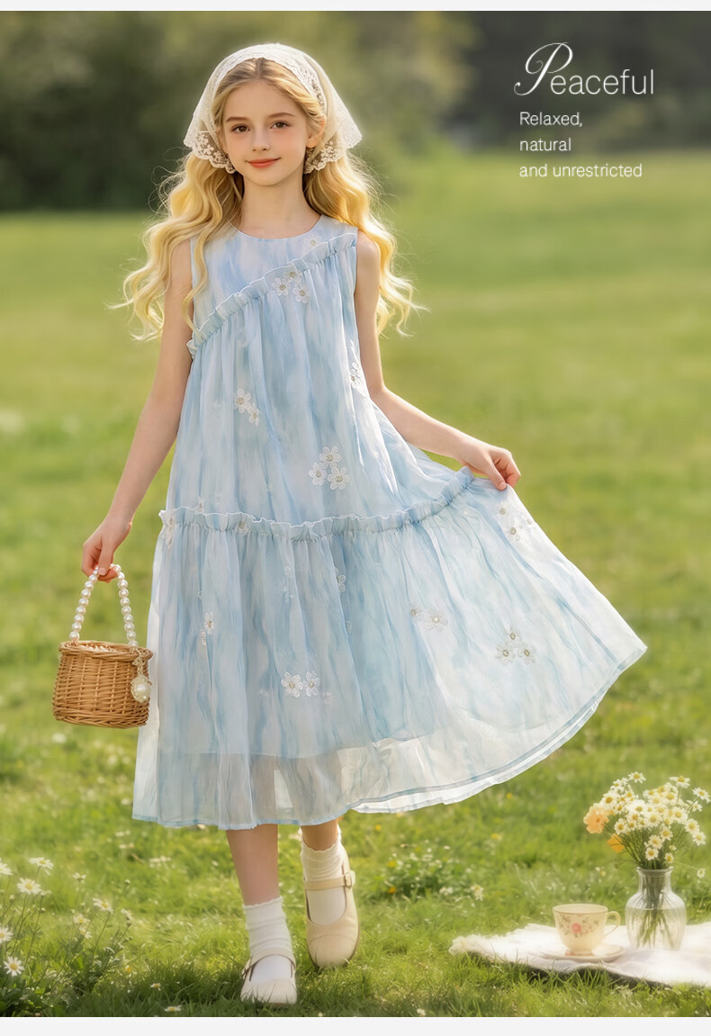 Disney Girls Floral Princess Dress Summer Vacation Long Dress for Big Kids 1A154 Ice Blue 120 6