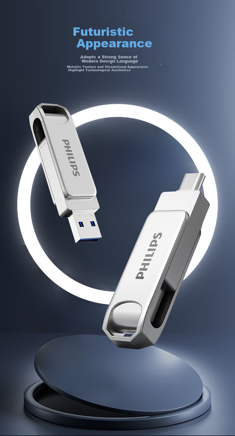 PHILIPS 64GB Type-C USB3.2 Dual Interface Mobile USB Drive Upgraded Version 61UT-D Metal Rotating High-Speed Read/Write Durable USB Flash Drive for Business Office Study 9