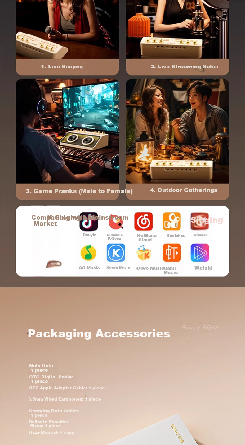 Soaiy S6 Sound Card + SC9 Microphone Live Streaming Equipment Set, Handheld Live Singing Device for Mobile Phones And Computers, Professional Karaoke Microphone Stand with External Voice Amplifier for Streamers 12