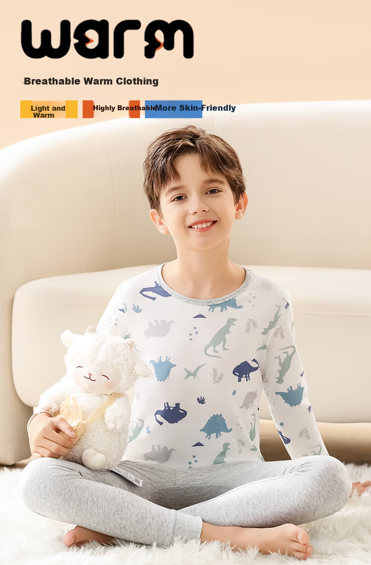 Urban Beauty 【100% Cotton】 Kids Thermal Underwear Boys Autumn Shirt and Pants Youth Autumn Winter Cotton Sweater Pajama Set 2
