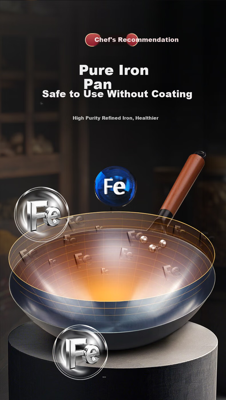 Quanpinwu Cast Iron Stir-Fry Pan Non-Coated Seasoned Non-Stick Round Bottom Large Capacity Gas Stove Wok with Lid 36cm 6