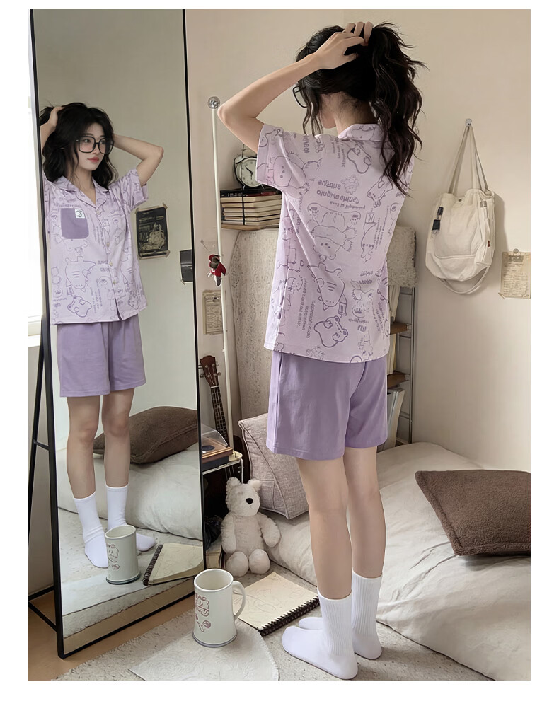 Yiershuang 100% Cotton Women's Summer Thin Short Sleeve Short Pants Pajama Set Cute Cartoon Homewear 11