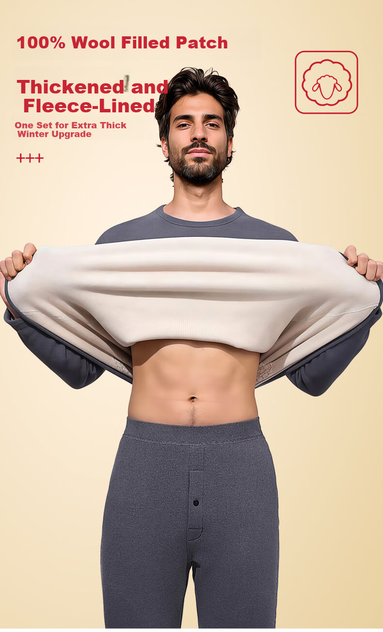 SNOWFLYING Men's Thermal Underwear 100% Wool Filled Patch Autumn Winter Fleece Thickened Set 1
