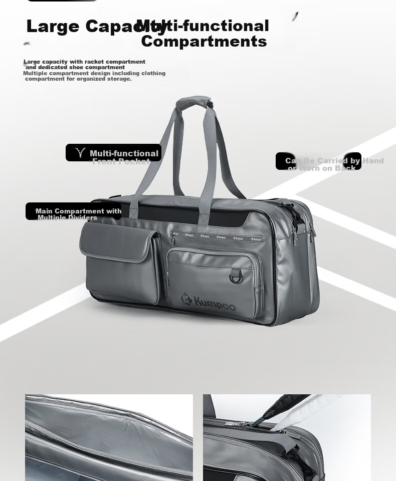 KUMPOO 26th Anniversary New Badminton Bag Durable Waterproof Heat-Resistant Sports Handheld Shoulder Bag Xunfeng KB-663 Silver/Grey 7