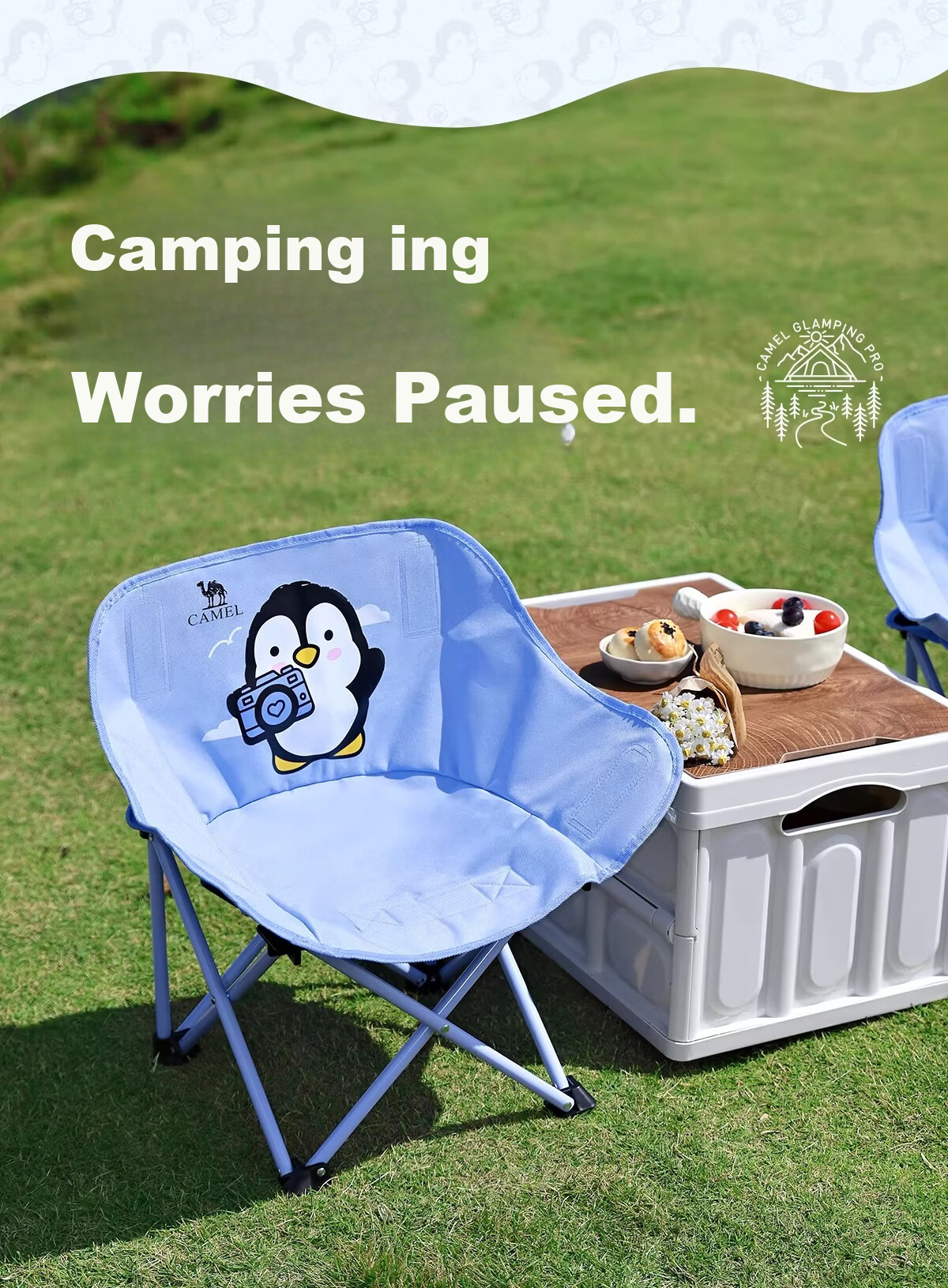 CAMEL Lightweight Children's Moon Chair Outdoor Folding Chair Picnic Portable Home Leisure Camping Chair 3626Q Sky Blue 15