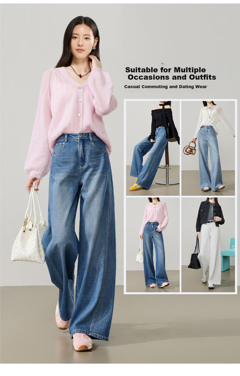 ESE-Y Deconstructed Wide-Leg Pants Women Spring 2026 New Lyocell Cotton Slim High-Waist Straight Denim Jeans Denim Blue 30 12