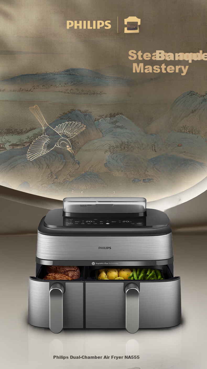 PHILIPS Double-Layer Stackable Air Fryer 10L Large Capacity Home Use Upper and Lower Double-Layer Visible Panoramic Skylight Air Fryer 2025 New Model NA462 Gift Included 9