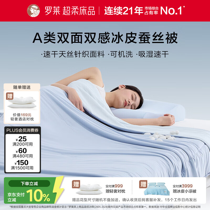 Luolai Home Textiles Cooling Silk Quilt Class A Antibacterial 100% Silk Air-Conditioning Quilt Washable 200*230 Blue