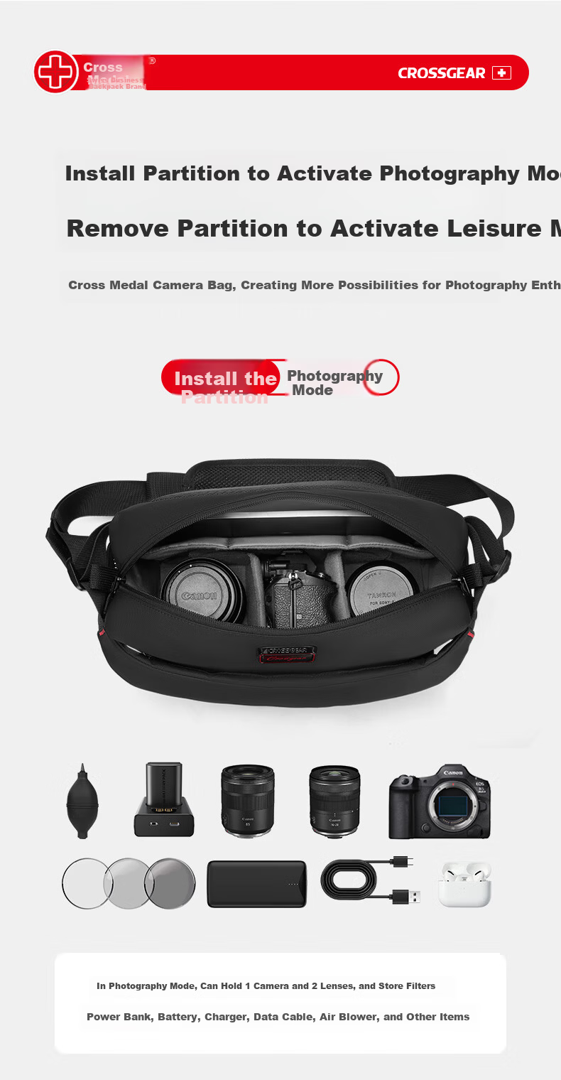 CROSSGEAR Chest Bag Single Shoulder Camera Bag for Mirrorless DSLR with Two Lenses Drone Storage Portable Casual Bag 1 7