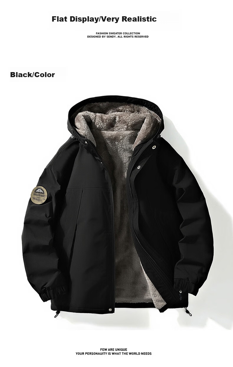 NASA MARVEL Men's Thickened Cotton Jacket Autumn Winter Fleece Lined Warm Windproof Coat Black Fleece XL 10
