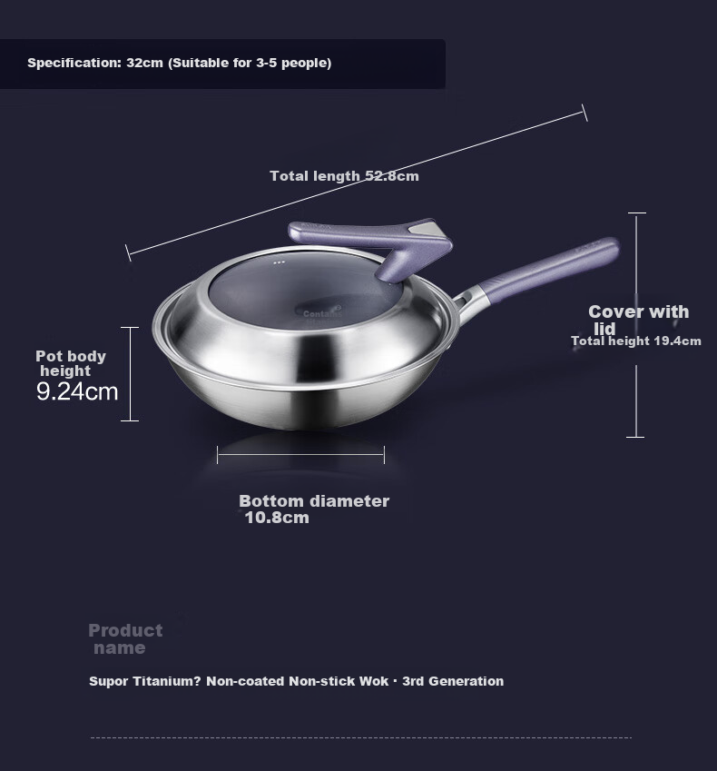 SUPOR Titanium Non-Coated Stainless Steel Non-Stick Wok, Flagship Version 30cm Induction Cooker Stir-Fry Pan EC30JGC03 33