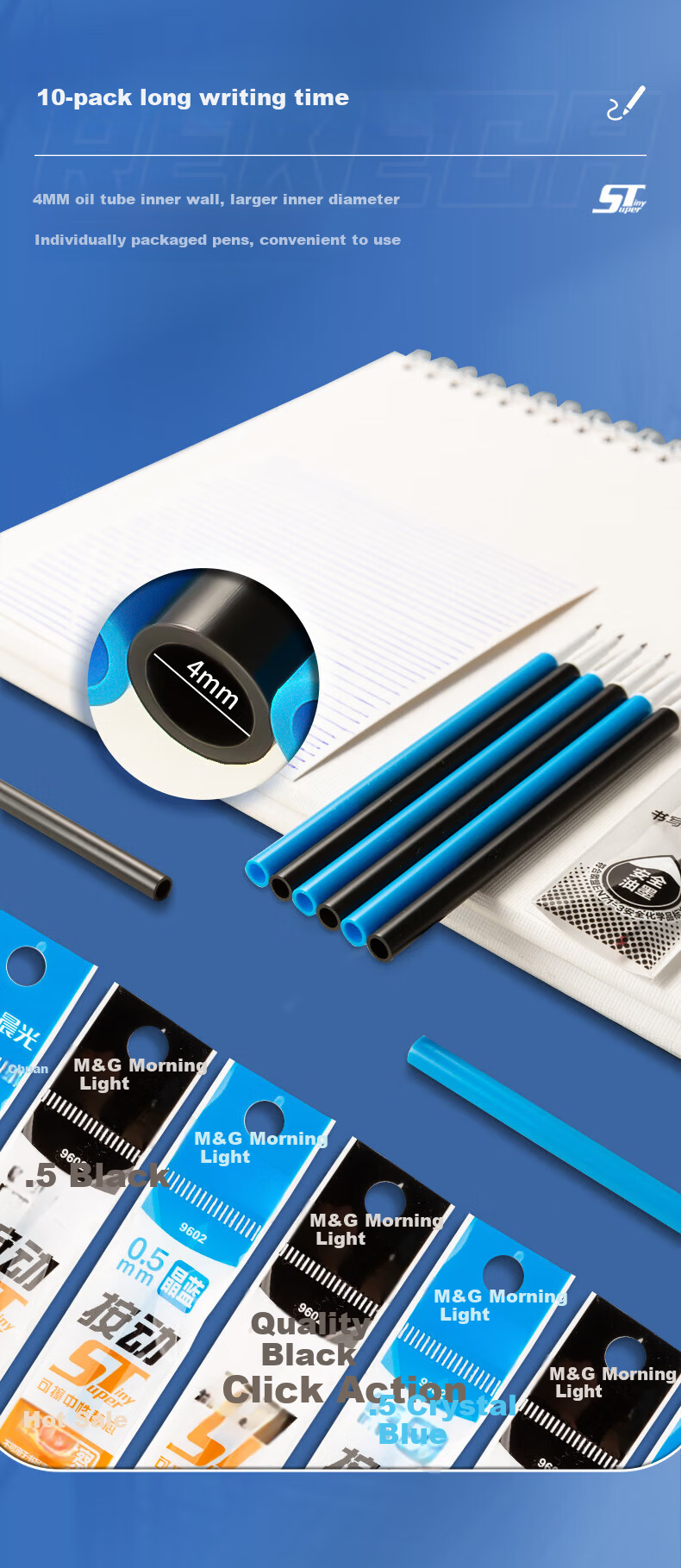 M&G Heat Erasable Black 0.5mm Retractable Gel Pen Refills ST Ultra Fine Signature Pen Refills Student Office Replacement 9602A 10-Pack 5