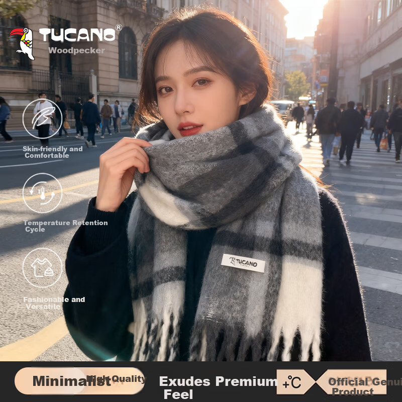 TUCANO New Sweet Colorblock Winter Scarf for Women Fashionable Warm Tassel Shawl Korean Style Scarf New Year Gift