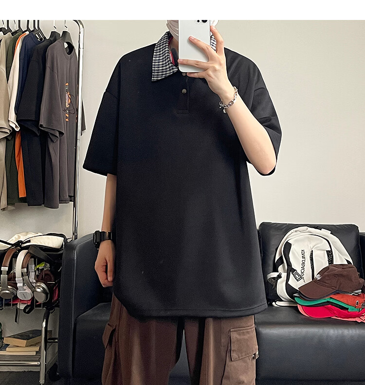 Popeye Two-Piece Houndstooth Polo Shirt Short Sleeve Men's Summer Collared T-Shirt Cleanfit Half Sleeve DX21 White Gray XL 16
