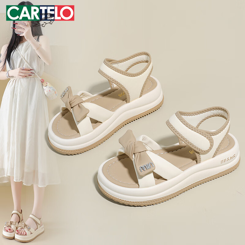 Cartelo Crocodile Women's Summer New Bowknot Open Toe Casual Thick Sole Beach Sandals 1935 Beige 37