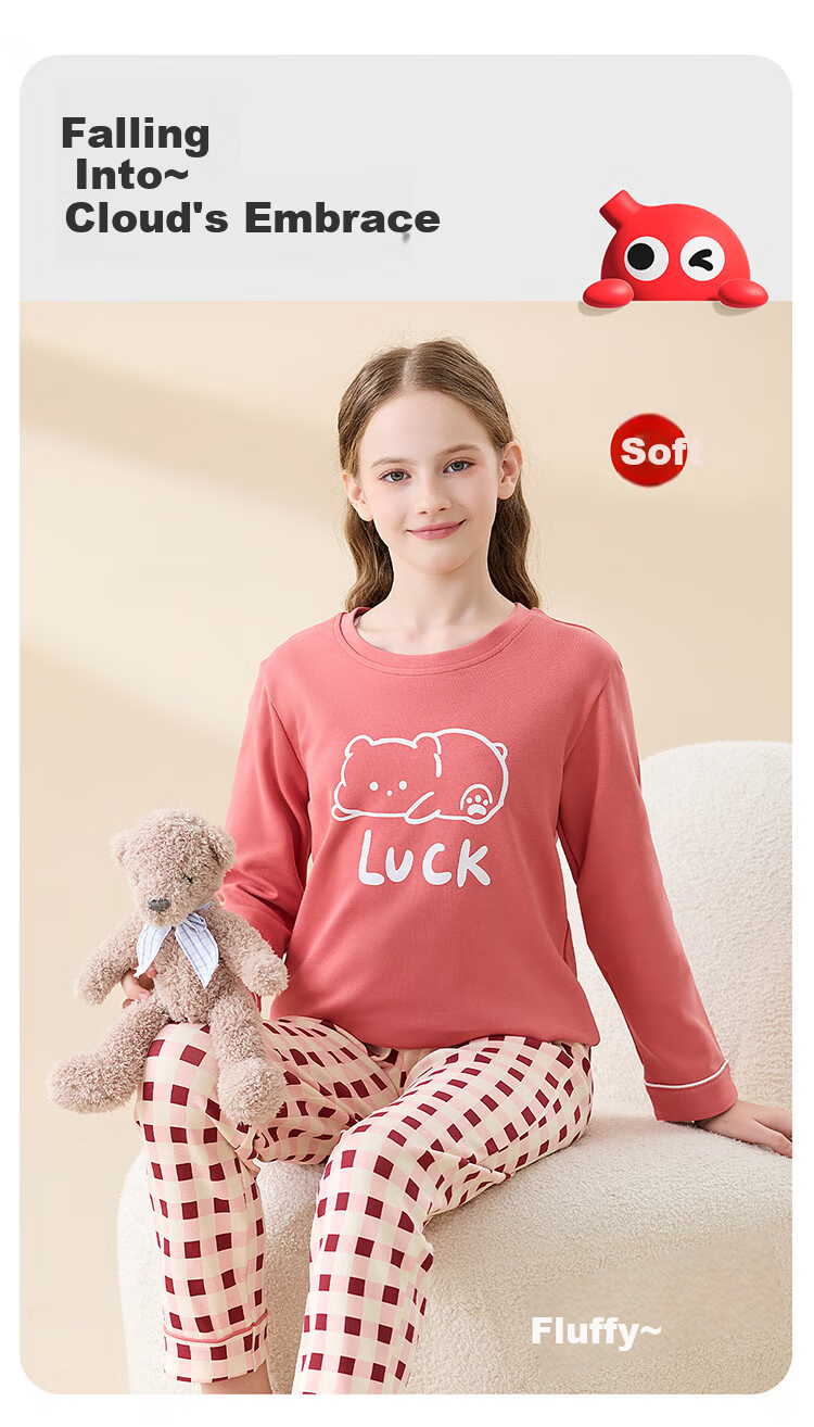 Hodo Kids Girls Spring Summer 100% Cotton Antibacterial Long Sleeve Round Neck Long Pants Pajama Set 2