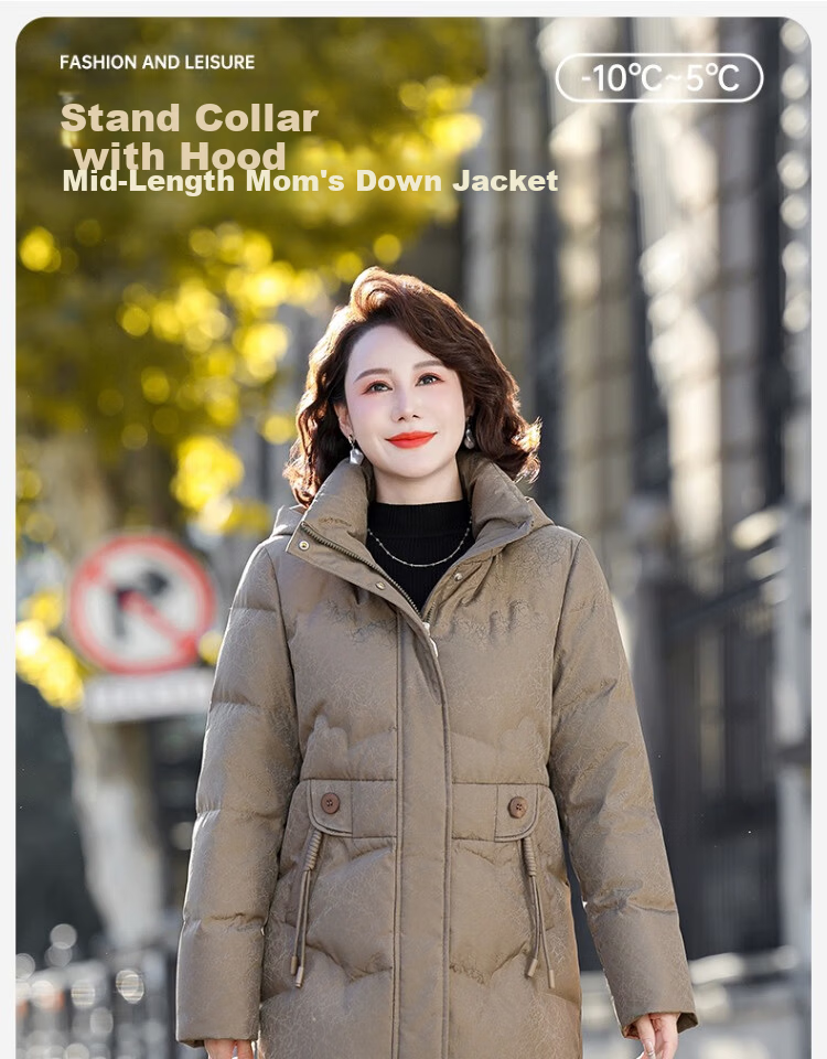 SNOWFLYING Women's Down Jacket 2025 Mid-Length Loose Warm Coat for Moms, Bean Paste Color, Size L 1