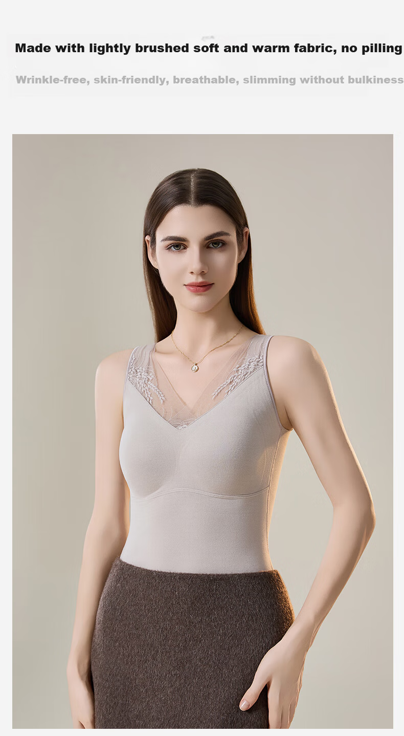 GUJIN Women's Thermal Vest Lace Base Layer with Chest Pad Warm Underwear Top Coffee Color XL 3