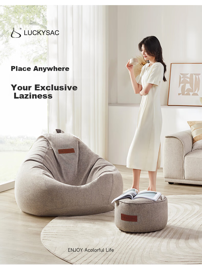 LUCKYSAC Lazy Sofa Bean Bag EPP Single Fabric Living Room Bedroom Balcony Small Sofa Premium Set Warm Gray 25