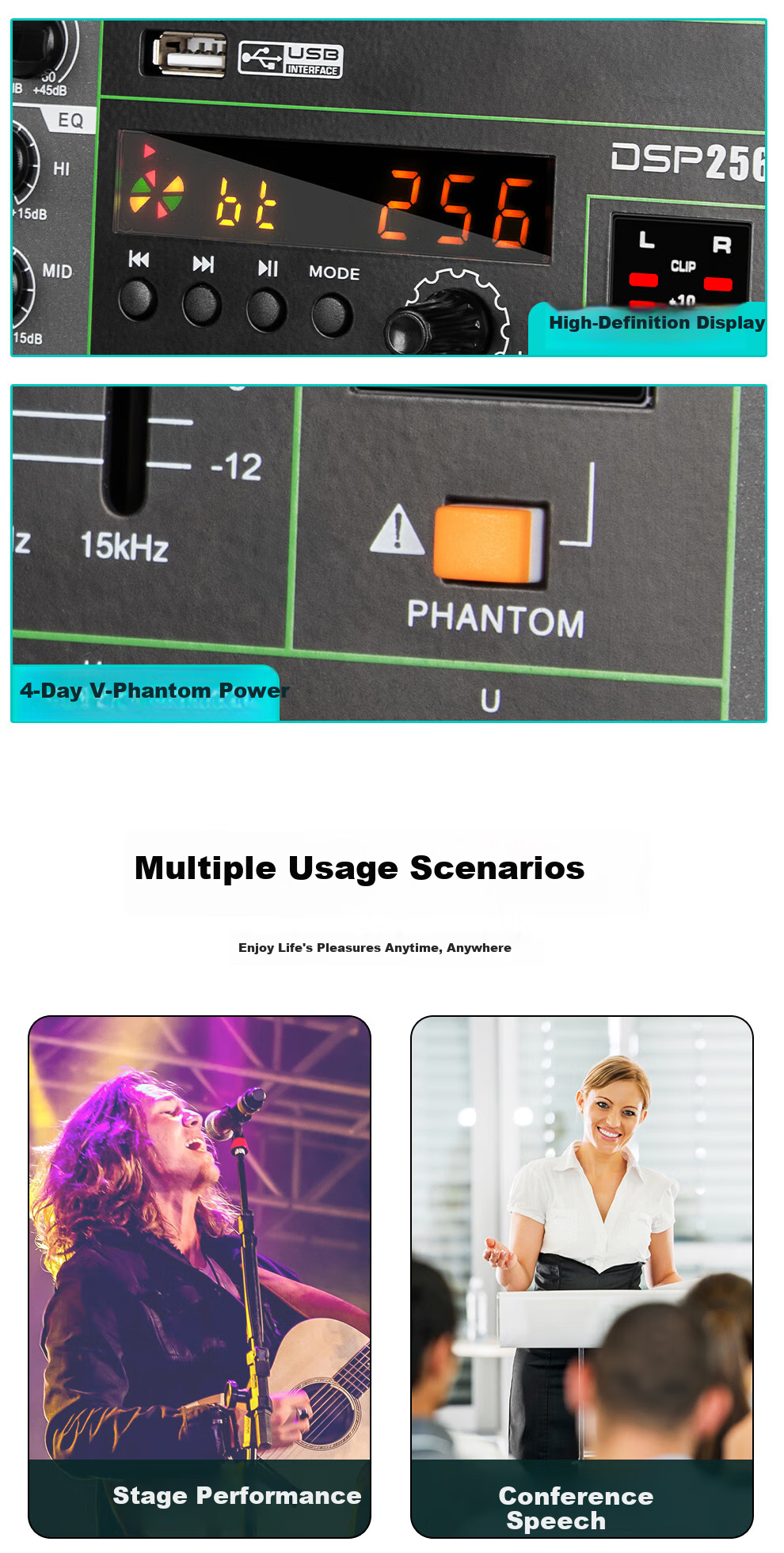 Depusheng GT2 8-Channel Mixer Amplifier All-in-One Stage Performance Home KTV Wedding Bar Conference 256 Reverb Bluetooth USB Single 15-Inch 500W*2 High Power 12