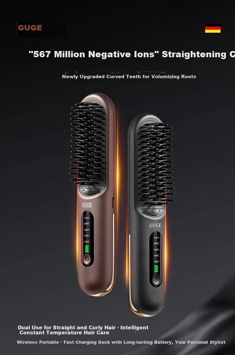 GUGE [567 Million Negative Ions] German Wireless Hair Straightening Brush Dual-Use Negative Ion Straightening and Curling Comb High Volume Hair Clip Flat Iron Mother's Day Gift 1
