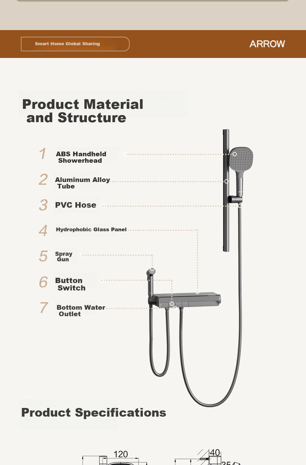 ARROW F600 Three-Function Shower Head with Piano Key Large Storage and Pressure Boosting Spray Set AE33185MZGGSP-P 21
