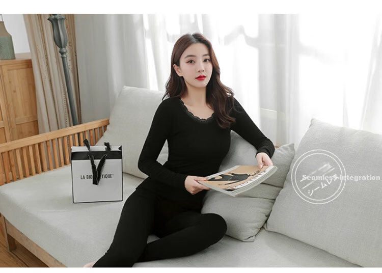 Langsha Women's Autumn Winter Thermal Underwear Set Antibacterial Velvet Seamless Heat Retaining Body Shaping Base Layer Shirt 26