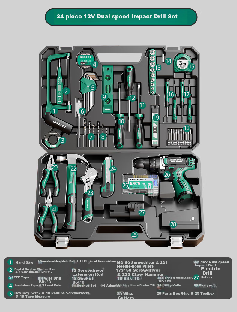 Green Forest 34-Piece 21V Impact Lithium Drill Set Multi-Function Household Toolbox Hardware Electrician Repair Kit 11