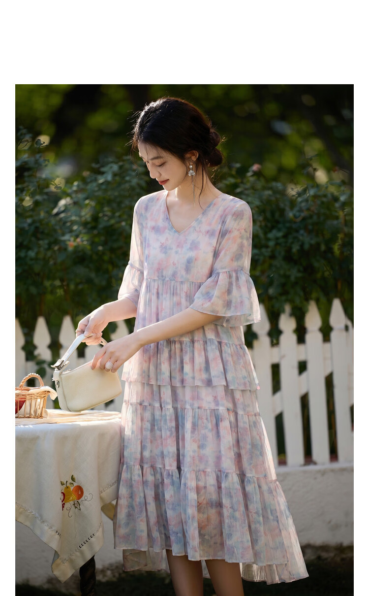 Demana Elegant Urban Summer French V-Neck Printed Flared Sleeve Patchwork Loose Slim Dress for Petite Women 11