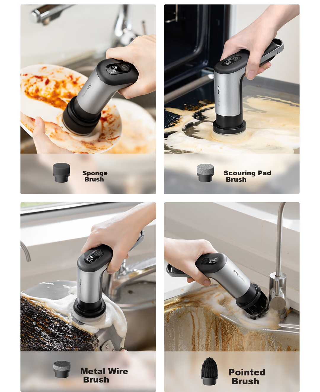 HOTOHOTO Multifunctional Electric Kitchen Cleaning Brush Dual-Speed Powerful Stain Removal Waterproof Lightweight with Smart Display 4