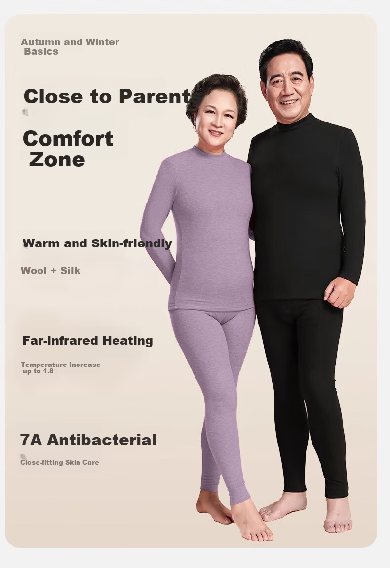 LangSha Women's Autumn Thermal Underwear Set Mid-Aged and Elderly Mid-Neck Windproof Warm Wool and Silk 7A Antibacterial Thin Warm Innerwear Set 4
