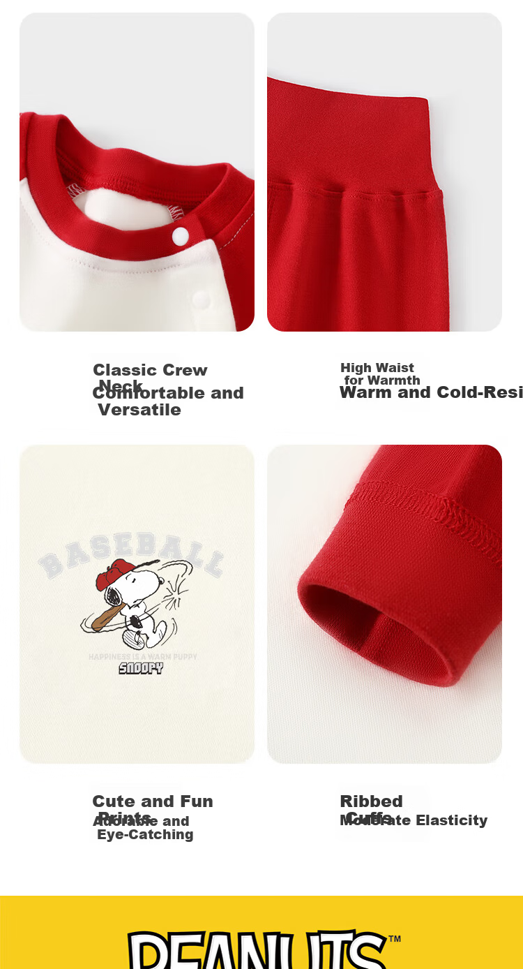 SNOOPY Kids Autumn Winter Cotton Thermal Underwear Set Boys Girls New Year Festive Red Batting 80 9