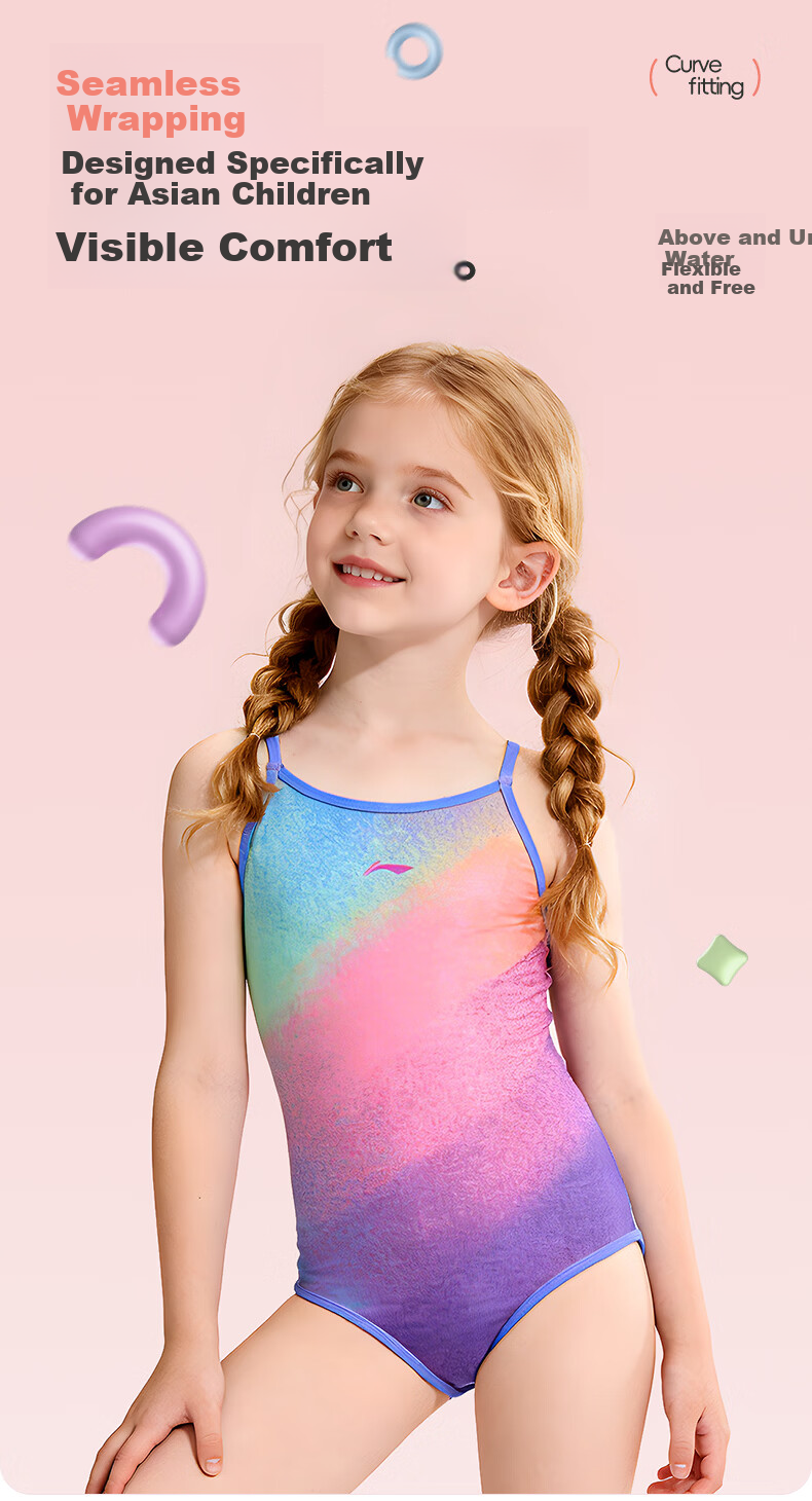 LI-NING Youth Girls Comfortable Sports One-Piece Triangle Professional Training Swimsuit 0421 Colorful 140 4