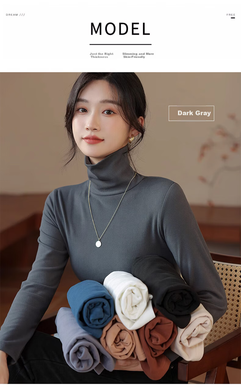 LangSha Women's Turtleneck Base Shirt Autumn Winter 2025 Thickened Fleece Ribbed Long Sleeve Slim Fit 7A Antibacterial Mite-Resistant Inner Top 9
