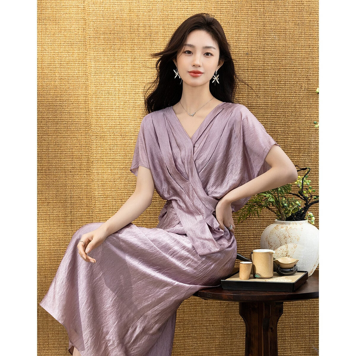 Demana Wrinkled Acetate Summer Elegant Luxury V-Neck Cross Waist Batwing Sleeve Lightweight Dress for Women High-End Feel