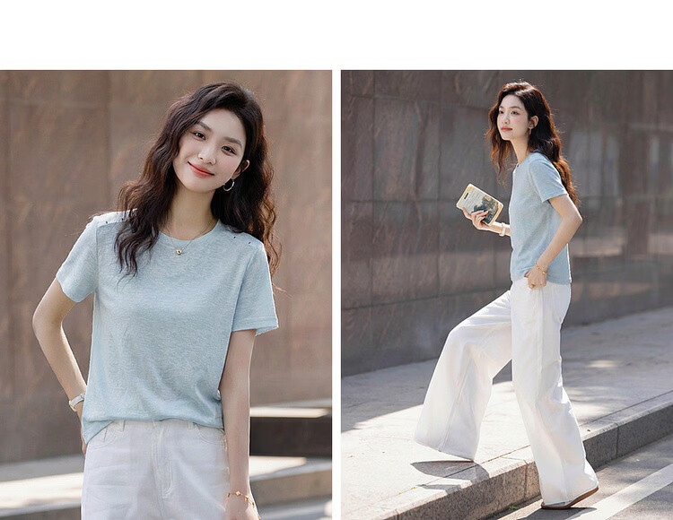 Demana [with Flax Cloud Cotton] Summer Simple Style Color-Block Shoulder Round Neck Slim Loose Fit Women's T-Shirt 17