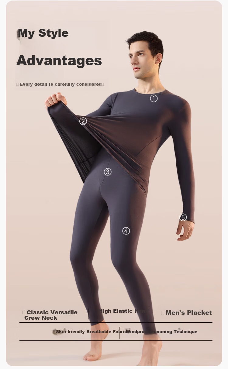 LangSha Men's Thermal Underwear Pure Cotton Set Antibacterial Mite-Resistant Heating Autumn Winter Crew Neck Base Layer Top and Bottom 5