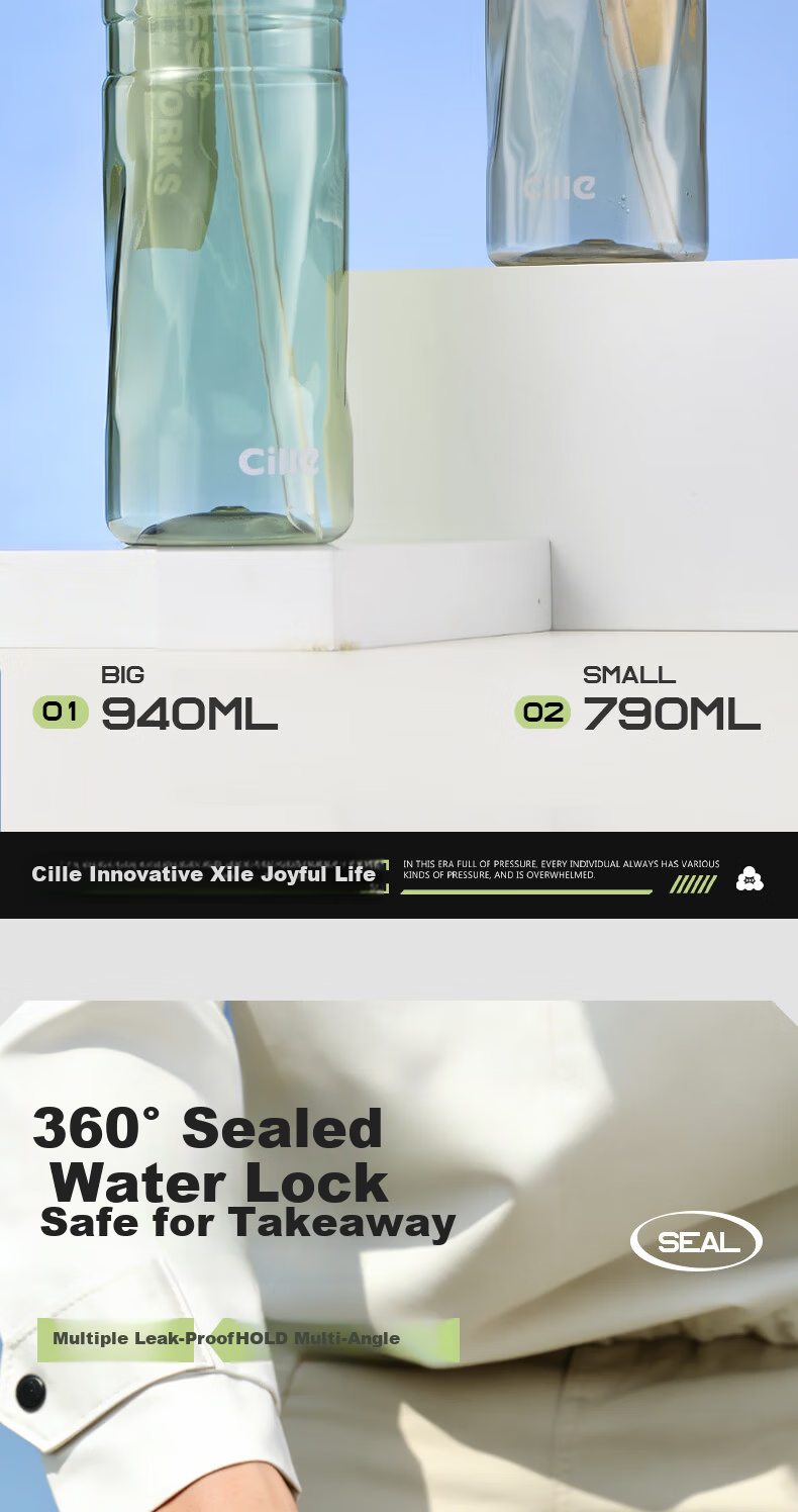 Cille Sports Water Bottle Unisex Outdoor Fitness Large Capacity Tritan High Temperature Resistant Thickened Dual-Drink Portable Cup 11