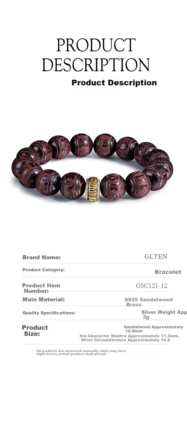 GLTEN Six-Character Mantra Small Leaf Red Sandalwood Silver Bracelet Men's Birthday Anniversary Gift for Boyfriend Husband 8
