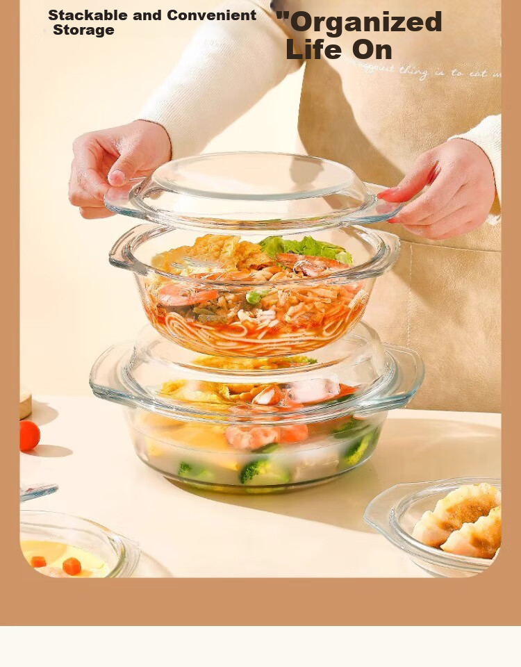 PINYU Glass Double-Handle Transparent Glass Bowl with Lid Microwave Safe Heat-Resistant Soup Bowl Noodle Bowl Salad Bowl Instant Noodle Steamed Egg Custard Bowl 19