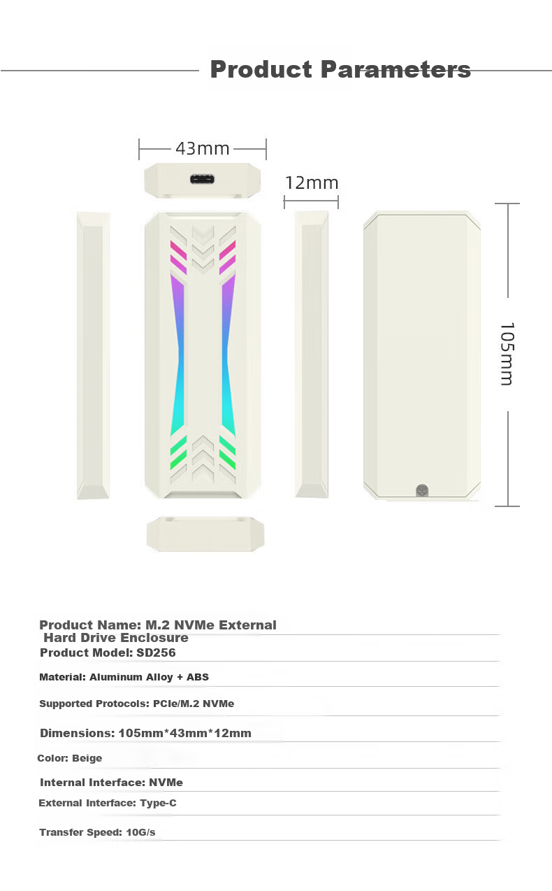 LINSTORAGE M.2 NVMe SSD Enclosure Type-C 3.2 Portable Hard Drive Case Aluminum Alloy RGB Cooling External SSD Case for Laptop and Mobile Phone 10