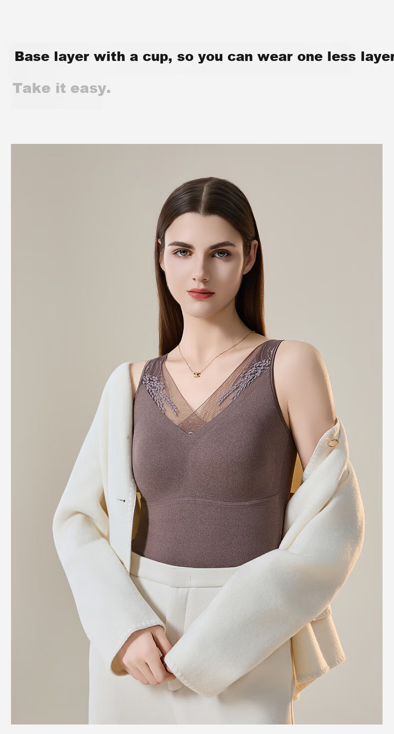 GUJIN Women's Thermal Vest Lace Base Layer with Chest Pad Warm Underwear Top Coffee Color XL 10