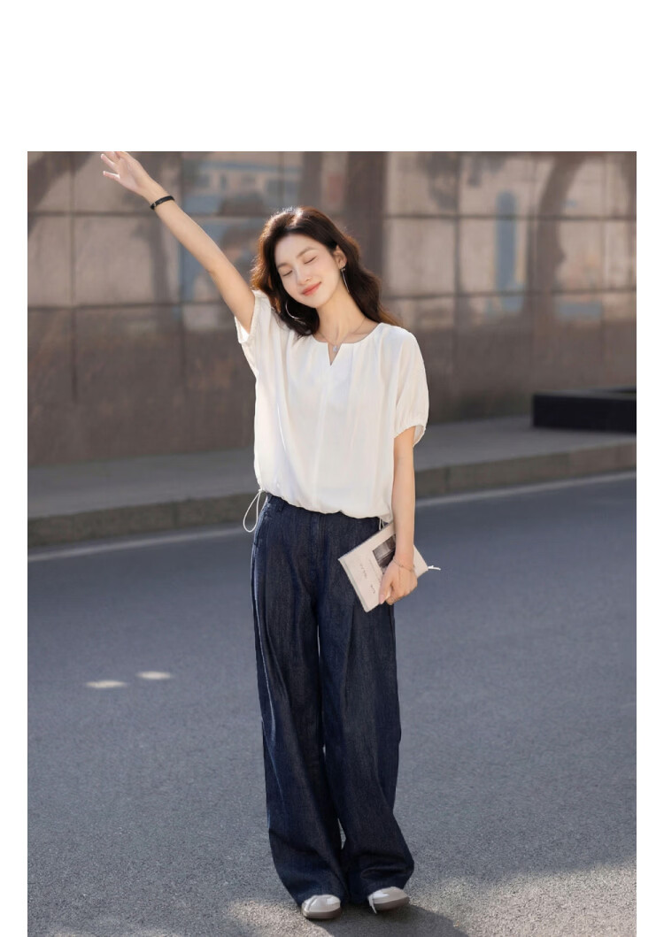 Demana [White Porcelain Plain Silk] Summer V-Neck Pleated Raglan Elastic Short Sleeve Loose Slim Shirt for Petite Women 10