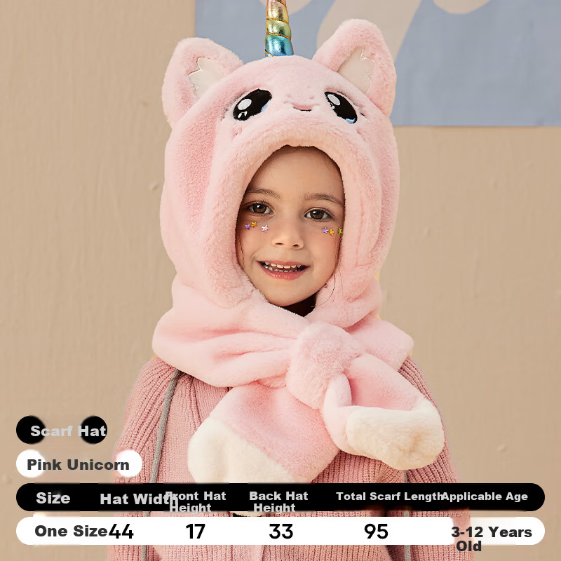 Mumeng Kids Autumn Winter Hat and Scarf Set Fleece Thickened Warm Hat Pink Unicorn for Older Children