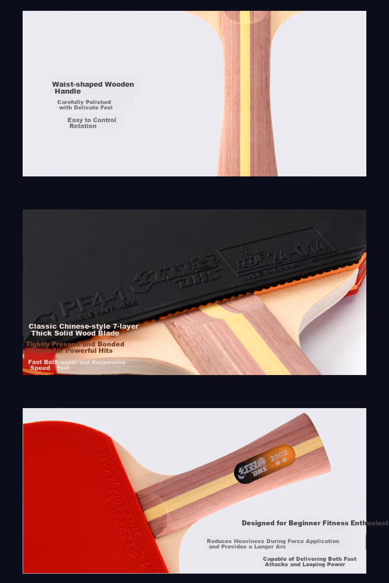DHS H2002 2-Star Table Tennis Racket Horizontal Grip Advanced H2002 Inverted Rubber Single Paddle with Case 4