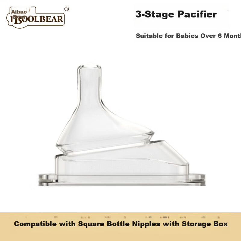 Aibao Bear Square Baby Bottle Nipple Accessory Stage 3 Round Hole 6+ Months (Compatible with Various Hegen Square Bottles)