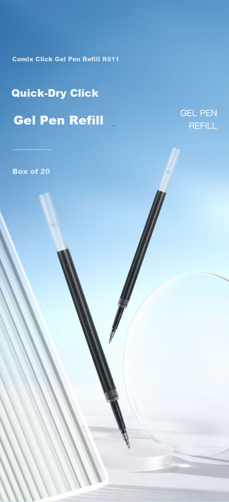 Comix Quick-Dry Retractable Gel Pen Refills ST Tip Stainless Steel Needle Tip 0.5mm Black 20-Pack R511 1