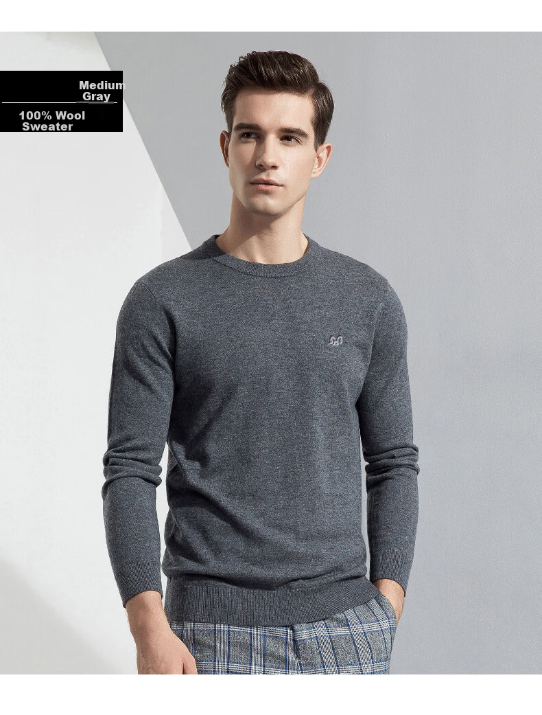 Hengyuanxiang 100% Wool Sweater, Autumn And Winter Round Neck Knit Pullover, Thin Men's Sweater, Medium Gray, L(175) 16