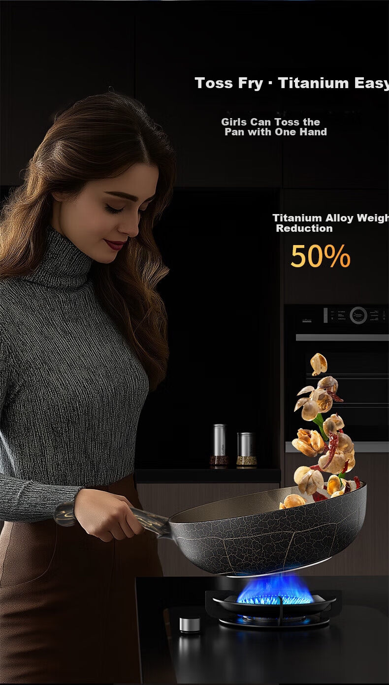 OLODE [Xuanwu Titanium Shield] Non-Stick Frying Pan Household Stir-Fry Pan Titanium Rock Cast Dragon Turtle Pan Compatible with All Stoves Low Oil Smoke 16
