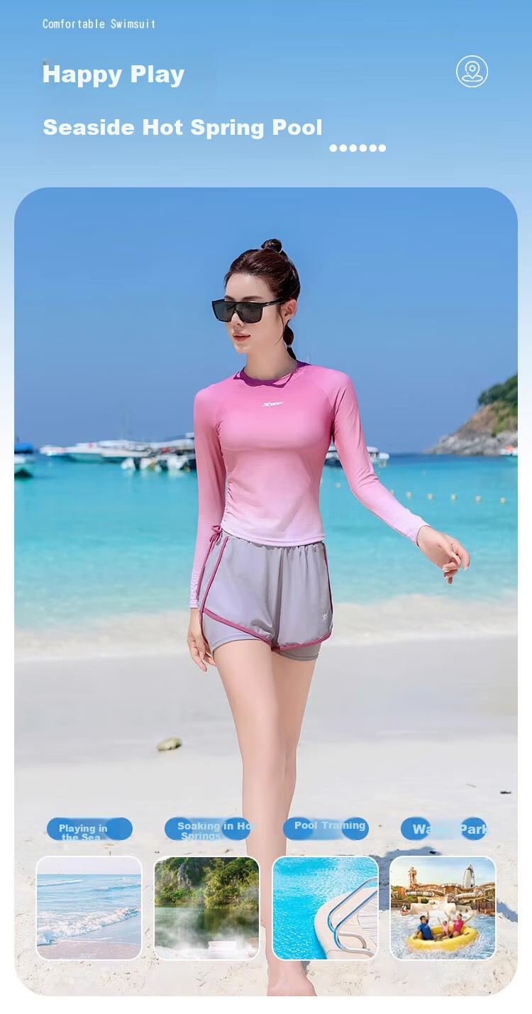 Xtep Women's Two-Piece Gradient Long Sleeve Conservative Student Swimsuit Slimming Vacation Beachwear 5